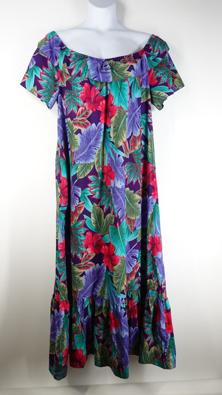 Hilo Hattie Hawaiian Dress Women 1X Vtg Muumuu Mumu Long Maxi Ruffle Floral Luau
